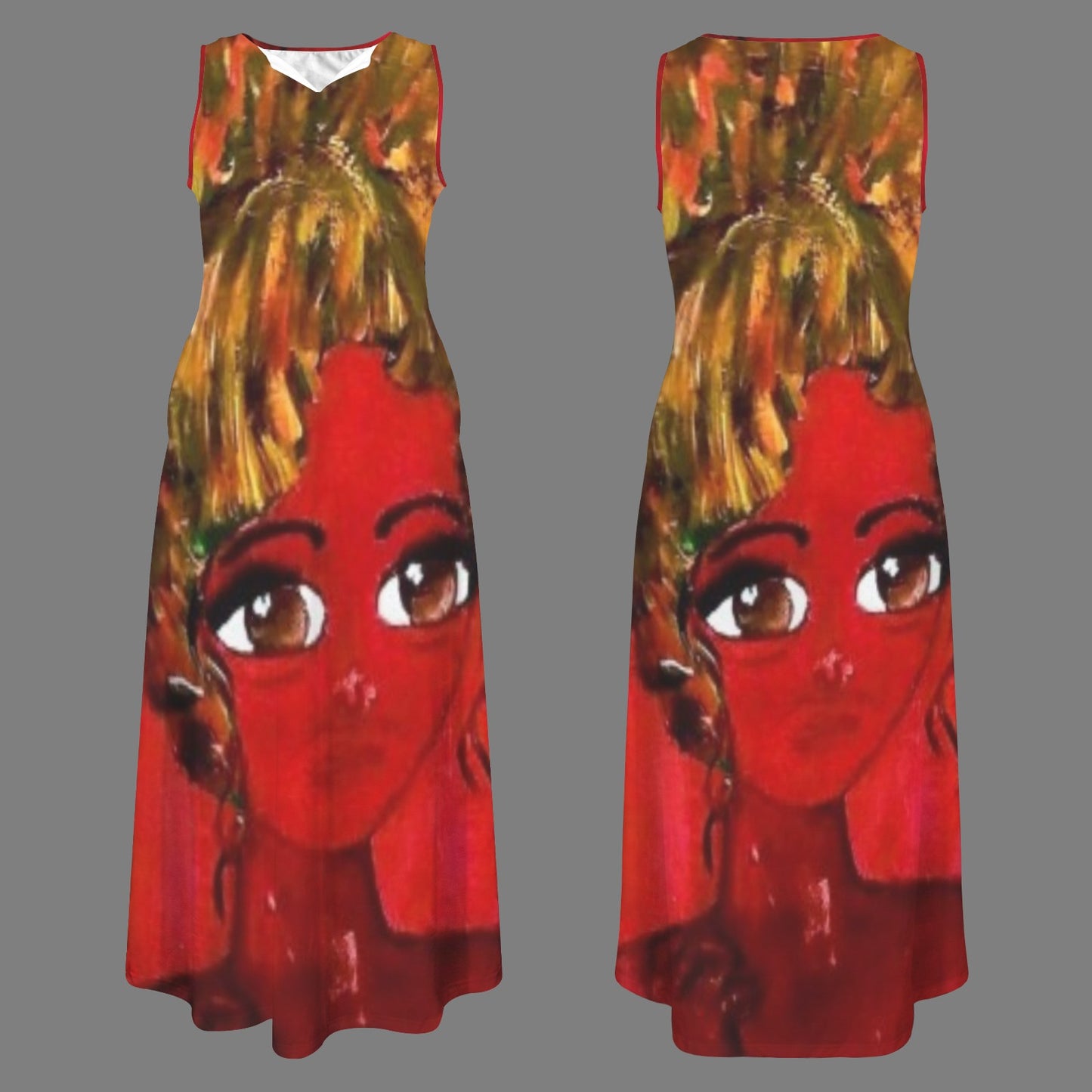 big eyes red dress